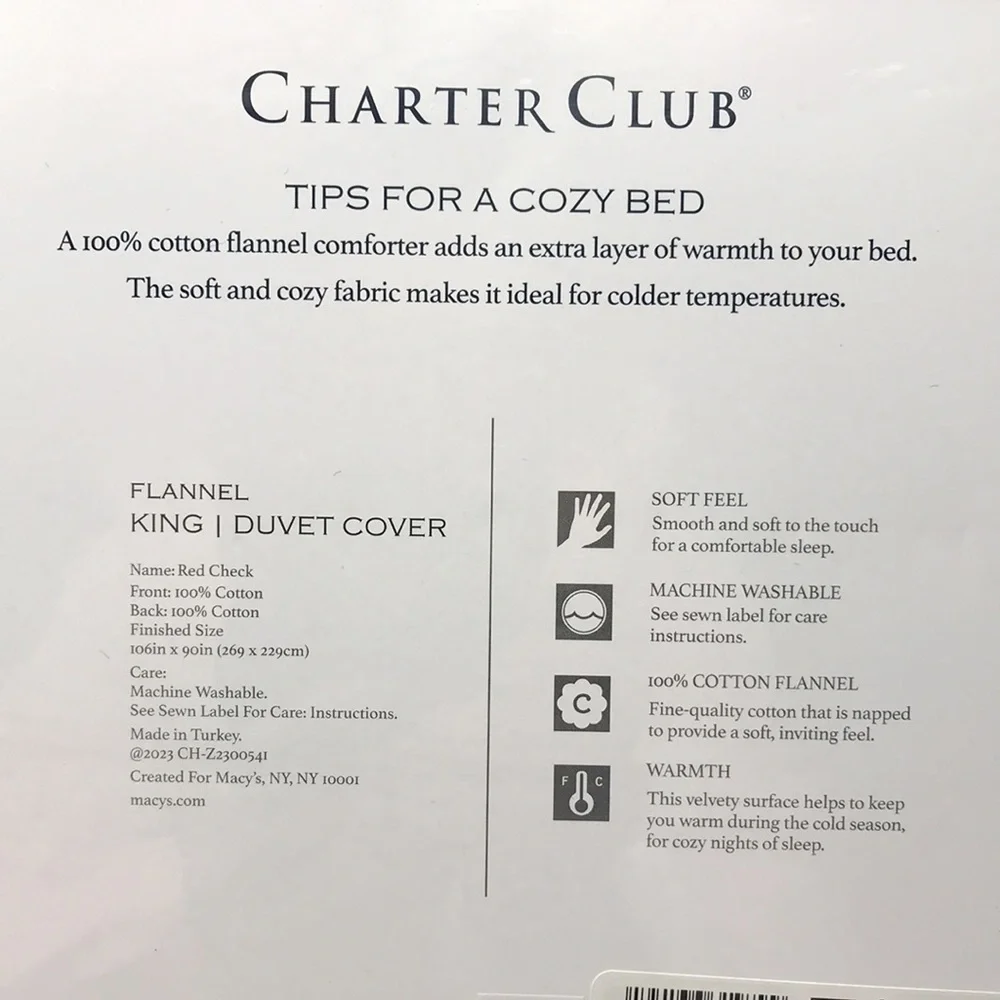 Charter Club King Red Check Flannel Duvet Cover & Sheet Set